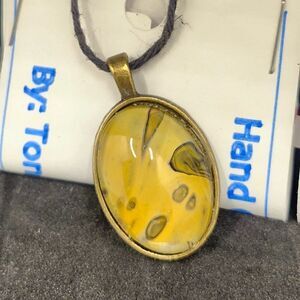 Hand Crafted Necklace Medallion Pendant 1" Oval  24  in Black Cord